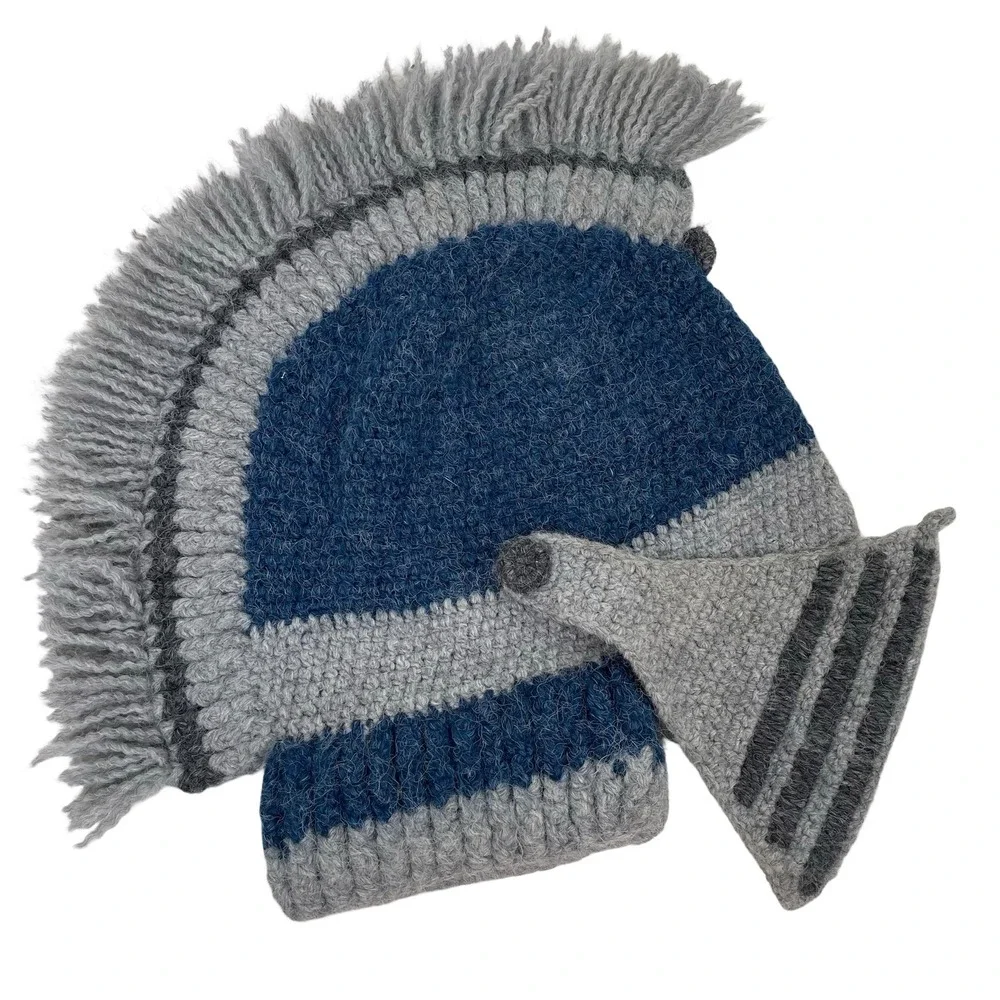 Garnet Hill Kids Knight Helmet Beanie Blue Grey Crochet Spartan Fringe Hat